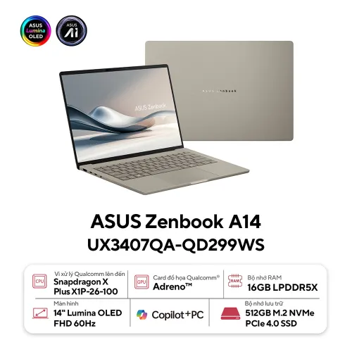Laptop Asus ZenBook A14 UX3407QA-QD299WS (Snapdragon X X1 26 100 | 16GB | 512GB | 14 inch WUXGA OLED | Win 11 | Office)